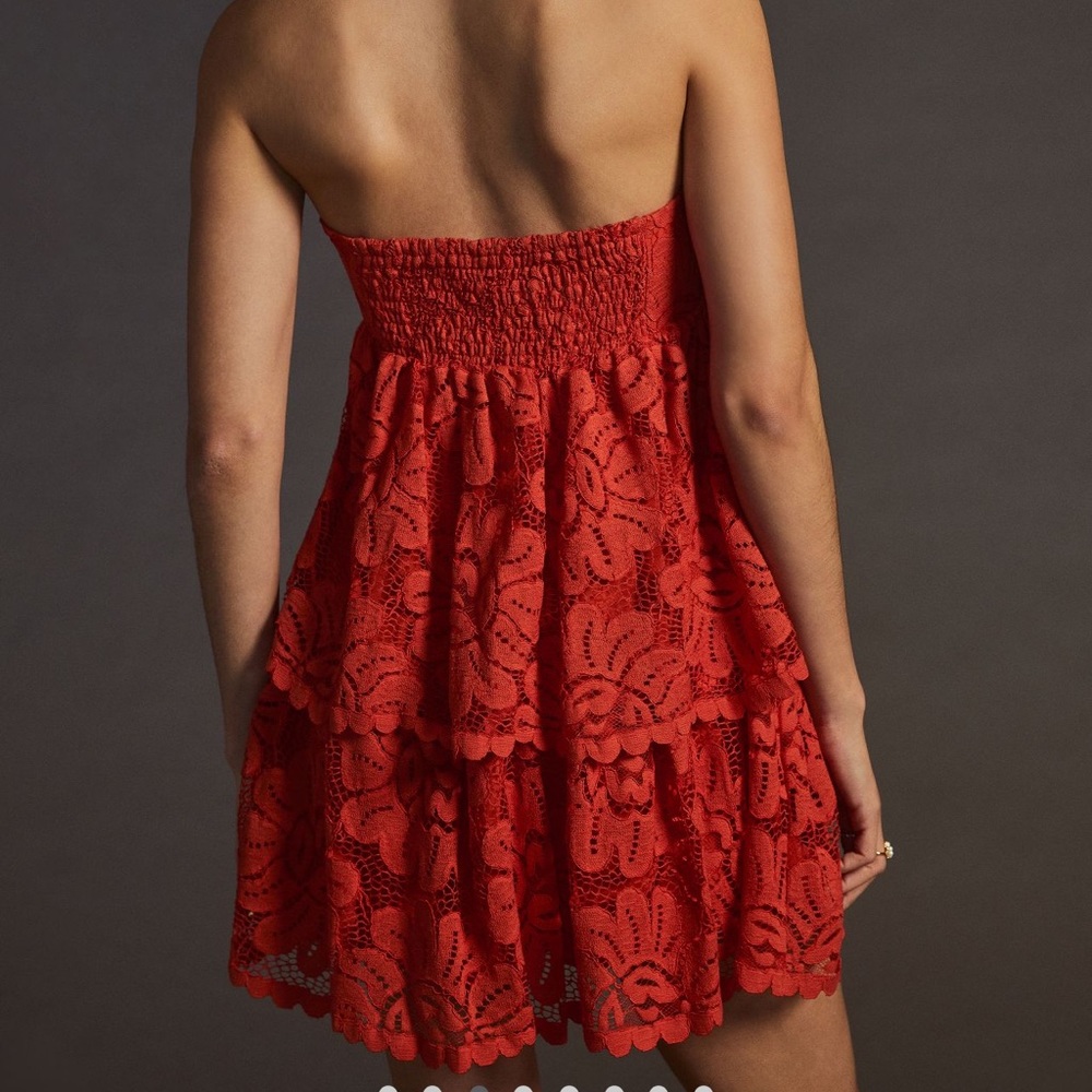 Anthropologie Red Strapless Lace Tiered Mini Dress - Picture 2 of 4